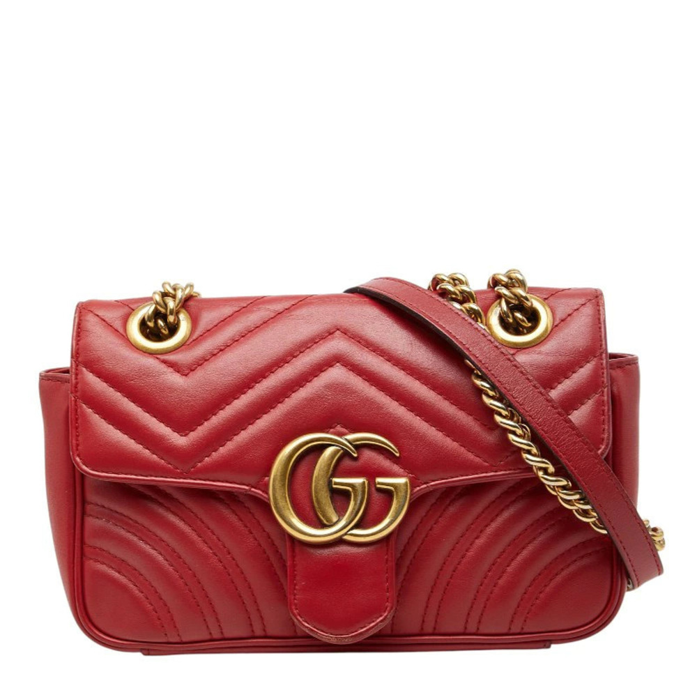 Gucci GG Marmont Quilted Chain Shoulder Bag Red Leather